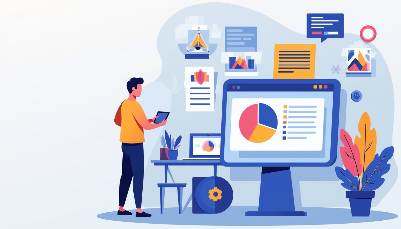 Ilustrație cu un website de prezentare pe diverse dispozitive, simbolizând succesul online