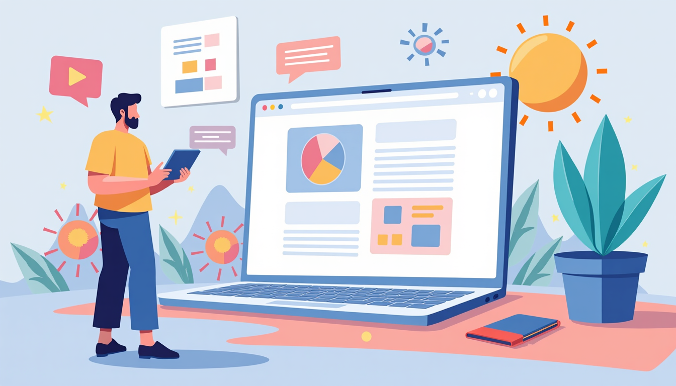 Ilustrație pentru procesul de creare pagina web și succes online, cu elemente de design și cod.