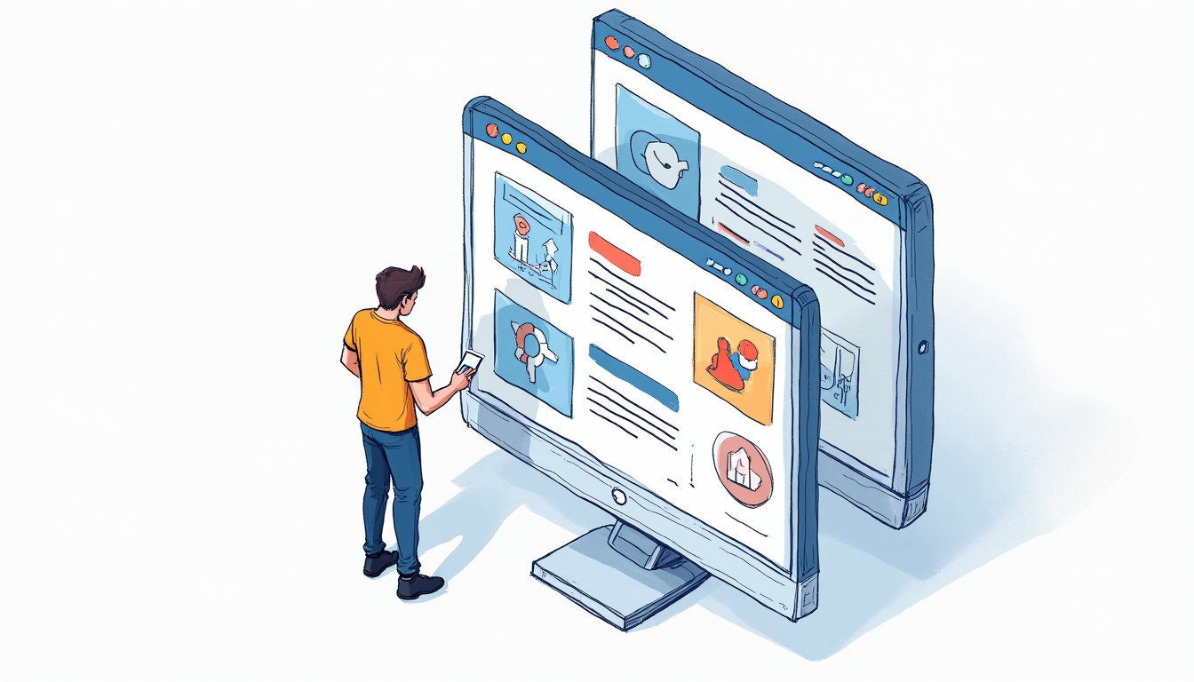 Ilustrație pentru creare site-uri web profesionale cu elemente de design, cod și un laptop