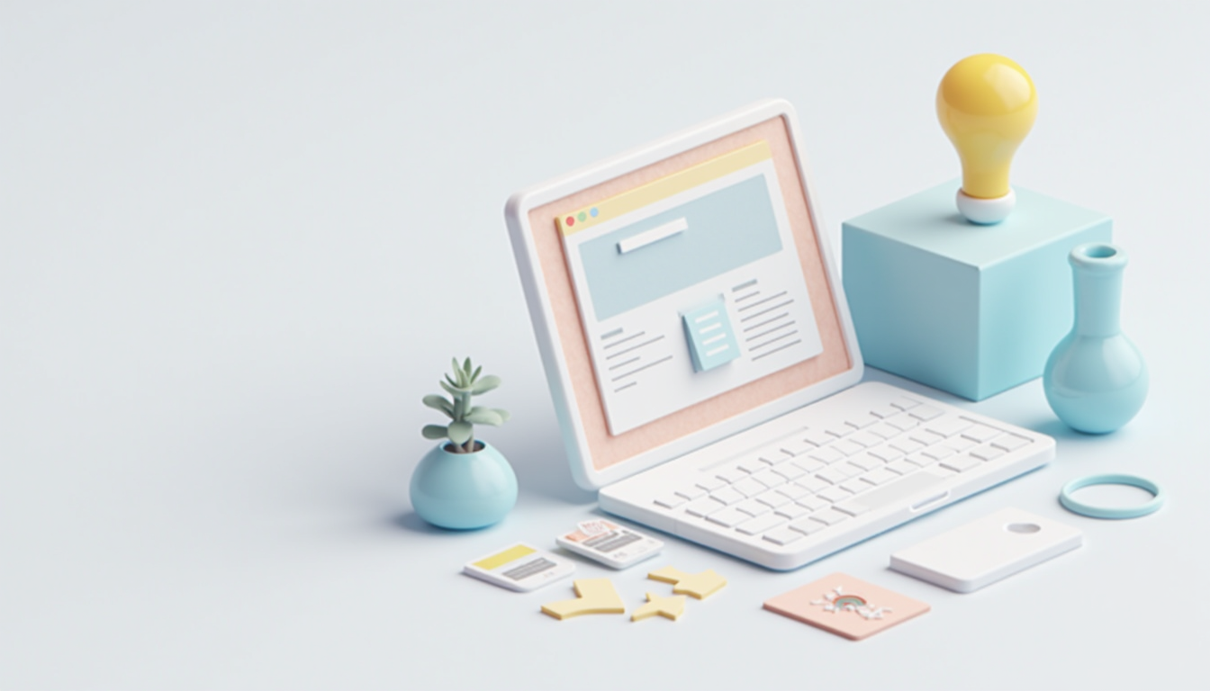 Ilustrație cu elemente de design web și un ecran de computer care arată cum să crezi un site profesional