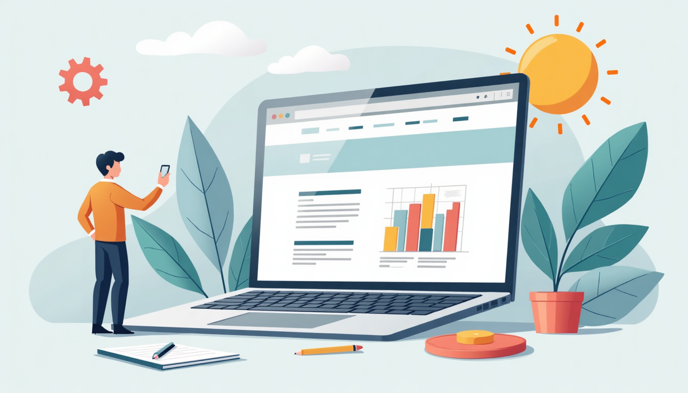 Ilustrație cu elemente cheie pentru a creea un site web de succes, reprezentând procesul de dezvoltare a unui site web.